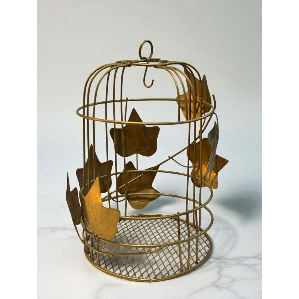 Gold Metal Birdcage With Decorative Leaf Accents For Home Decor Or Display